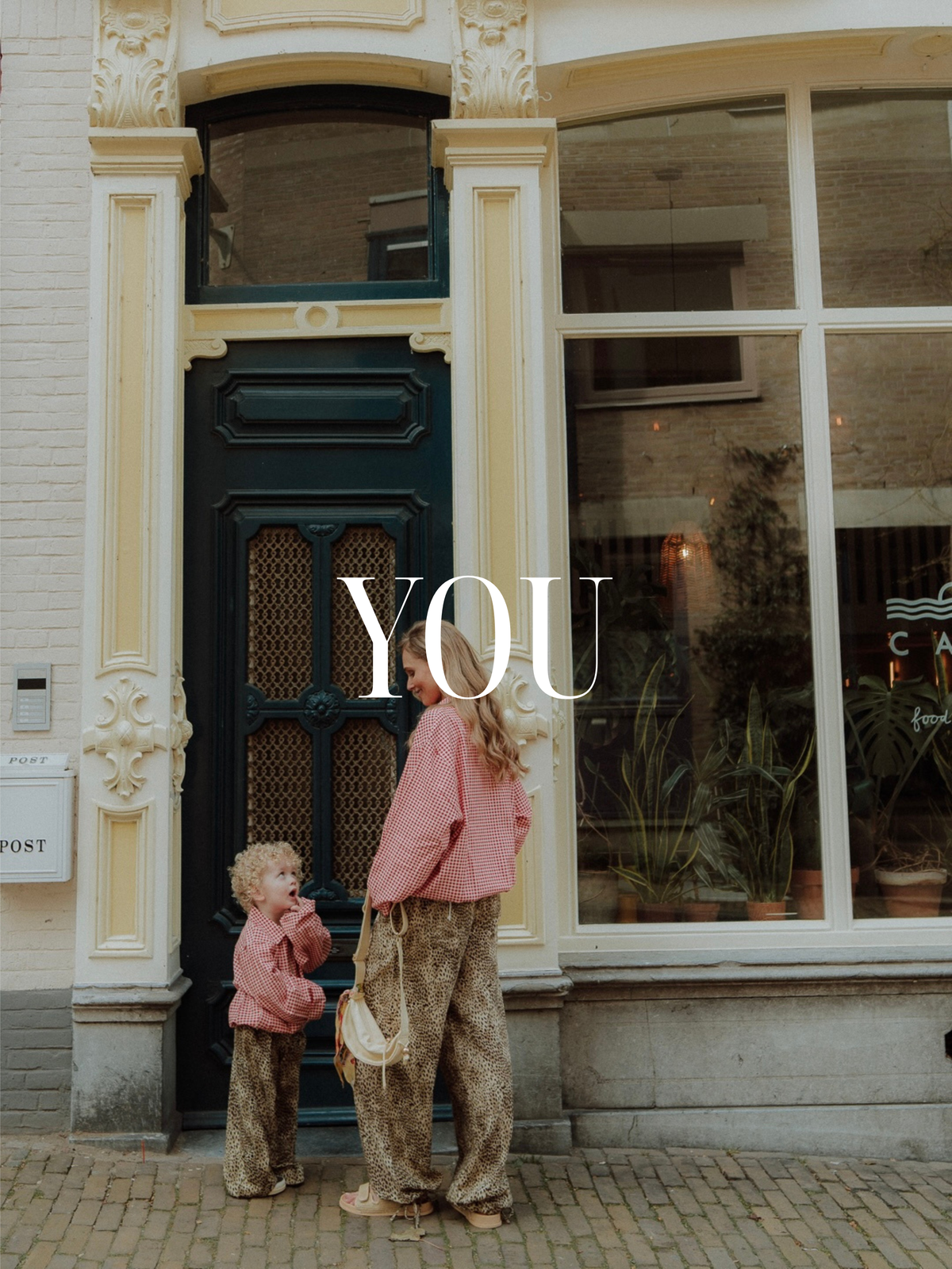 Matching mom and kids outfit in neutral tones from Wolvie SS26 collection photographed on the street